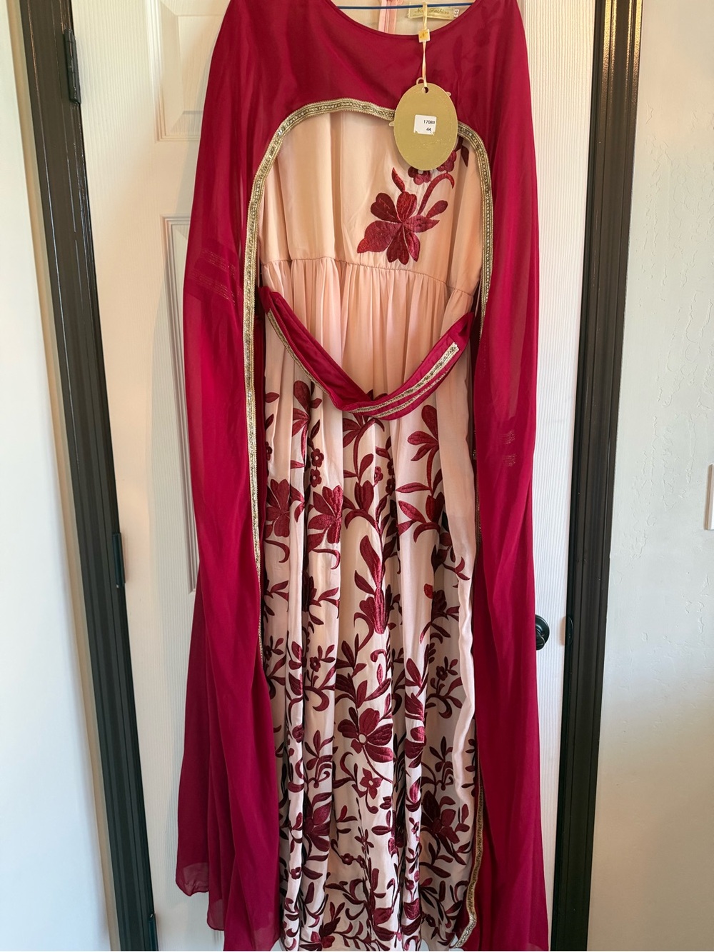 Embroidered Floral Maxi Dress with Matching Cape - Pink & Burgundy